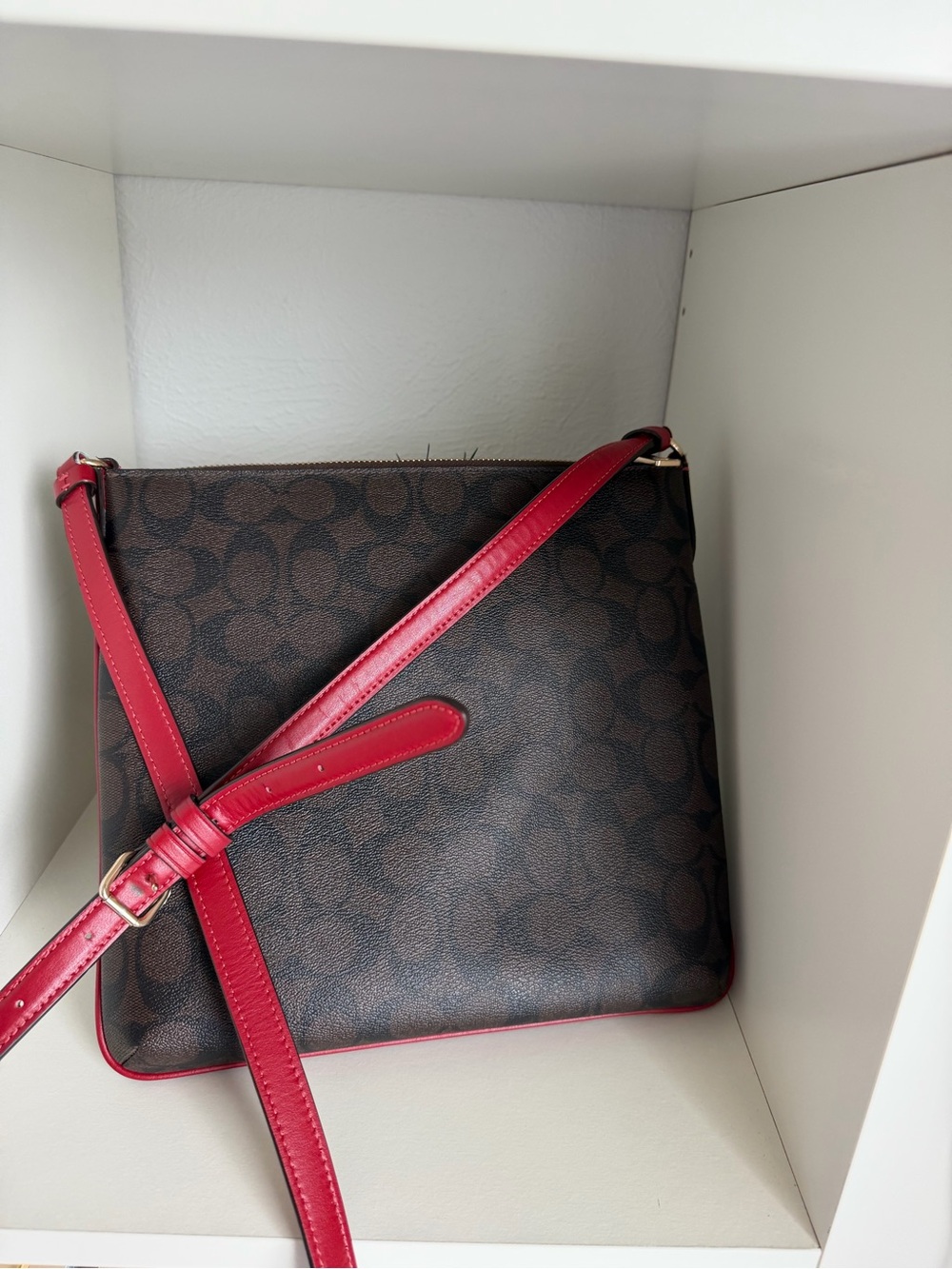 Coach Brown Signature Crossbody with Red Trim - Picture 3 of 5